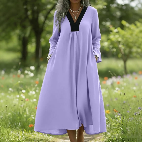 Sakmal Mumu Womens Dresses Maxi Spring Cotton Linen Shirt Dress Long Sleeve V Neck Purple Ladies Sundress L