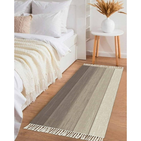 Brown Beige Ombre Hallway Runner Rug 2x6ft,Farmhouse Vintage Wooden Striped Washable Woven Living Room Bedroom Kitchen Bathrom Carpet with Tassels,Indoor Outdoor Throw Door Mat for Entryway