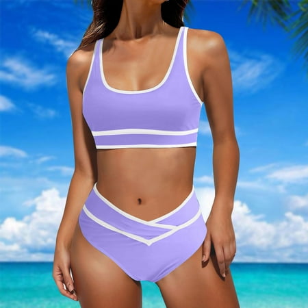 OWMEOT High Waisted Bikini Sets for Women Sporty Two Piece Swimsuits Color Block Cheeky High Cut Bathing Suits with Padded for Summer Vacation