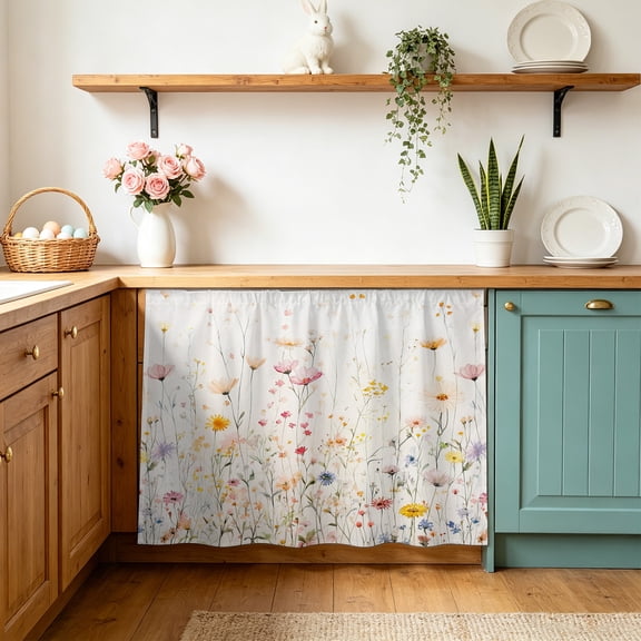 Spring Flowers Small Sink Skirt 10"Wx11"L,Dustproof Under Sink Curtain with Self Adhesive Tape,Watercolor Wildflowers Farmhouse Floral Cabinet Curtain Cover for Bathroom Vanity,Kitchen Storage Shelf