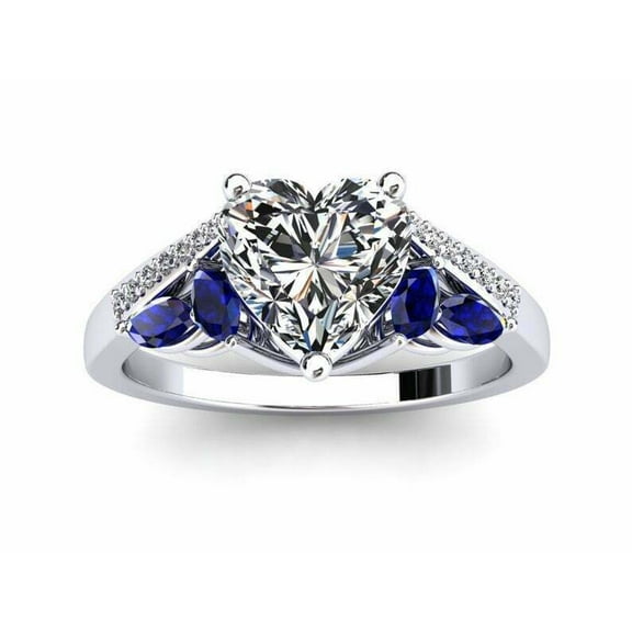 Perfect Wedding Anniversary Diamond Ring Gift For Wife, Heart Cut Diamond Engagement Ring, Marquise Cut Blue Sapphire Accents Diamond Ring, 925 Sterling Silver, 2.3 Ct Simulated Diamond