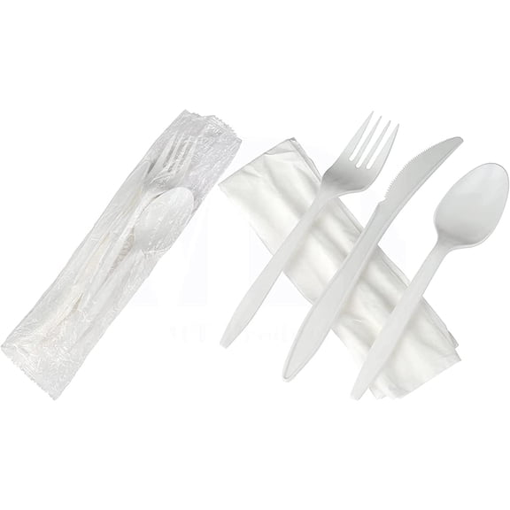 White Individually Wrapped Cutlery Plastic Utensils - Disposable Silverware Set - Pack of 50