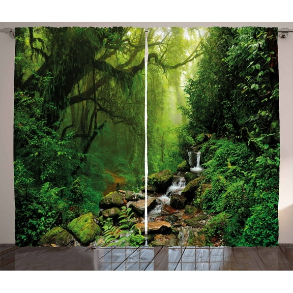 Ambesonne Nature Curtains 2 Panel Set, Idyllic Forest Design, 108" x 84", Emerald Hunter Green