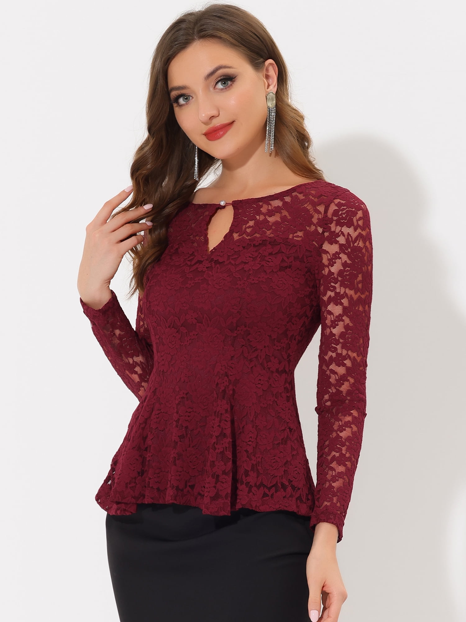 DARING DIVA Lace Peplum Tops Elegant Floral Lace Blouse S Burgundy