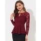 thumbnail image 2 of Allegra K Blusa de encaje floral elegante de manga larga con cuello redondo para mujer borgo?a L, 2 of 5