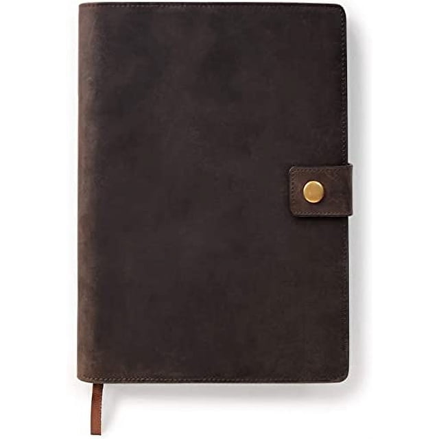 Funda Cuero de Grano Completo Premium CASE ELEGANCE A5, Líneas de Recambio, Soporte Pluma, Ranuras Tarjetas, Cierre Latón (Marrón)