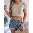 thumbnail image 5 of Womens Cable Knit Crop Tops Cap Sleeve Crew Neck Slim Fit Solid Color Stretchy Summer Sweater Short Sleeve Tee Khaki S, 5 of 8