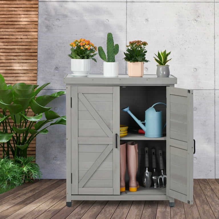 D road Wood Garden Storage Cabinet Potting Bench Table W Metal Top Work Station for Indoor Outdoor Gray