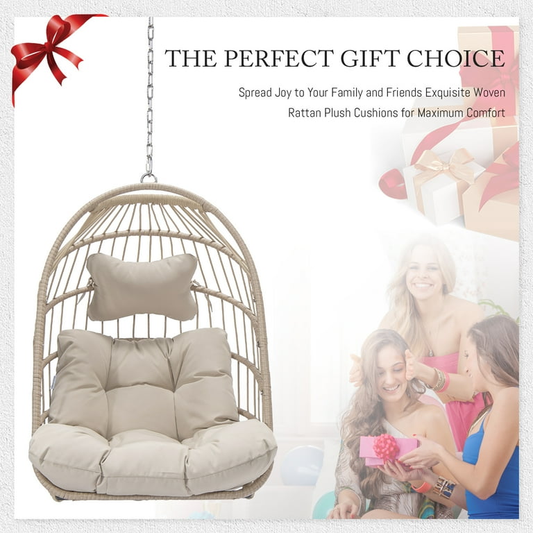 NICESOUL Beige Wicker Hanging Swing Egg Chair Without Stand Outdoor Tree Ceiling 265 lbs Capacity