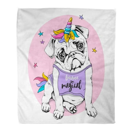 ASHLEIGH Flannel Throw Blanket Adorable Puppy Pug in Bright Colored Costume of Unicorn Wig Horn and Tail Because I M Magical 58x80 Inch Lightweight Cozy Plush Fluffy Warm Fuzzy Soft