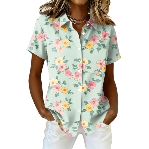OIOLOYJM Womens Blouses 2026 Dressy Floral Print Short Sleeve Button-Down Shirts Spring Loose Fit Collared Tops Business with Pocket Light Blue S