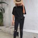 thumbnail image 2 of Mujer Verano Top Dobladillo Anudado Espalda Plisada Línea Media Ojo De Cerradura Espalda Media Manga Cuello Redondo Camisa De Verano Top Negro S, 2 of 8