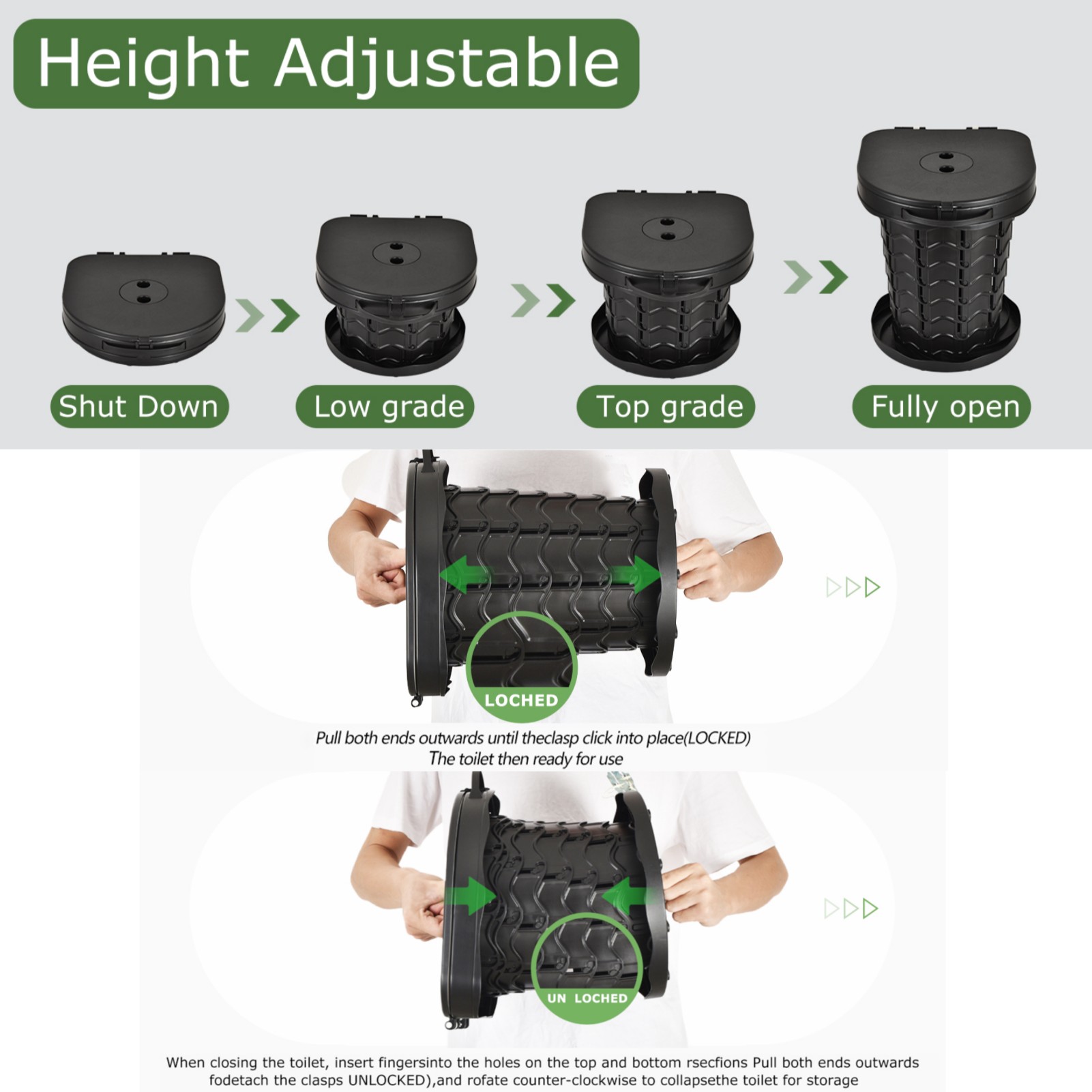 BEFUNZL Foldable Portable Camping Toilet, Height Adjustable 2.95 inches~13.58 inches, Comes with Waterproof Storage Bag and 15 Garbage Bags, Camping Toilet bearing 450 pounds