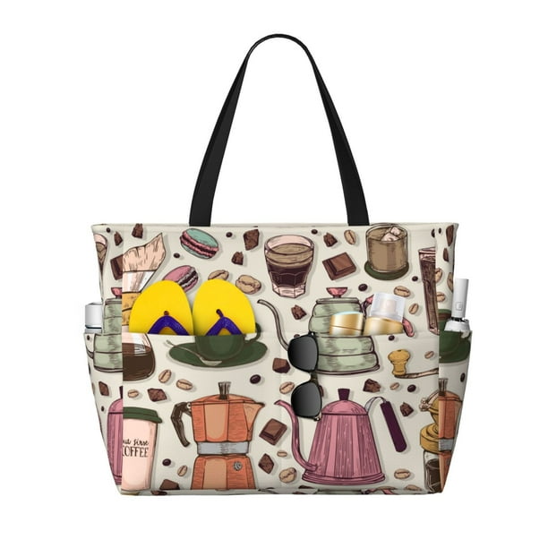 Fotbe Vintage Coffee Bolsa de Viaje para Playa - Resistente al Agua, Bolsa Tote de Gran Capacidad y Ligera con 7 Bolsillos para Mujeres y Hombres