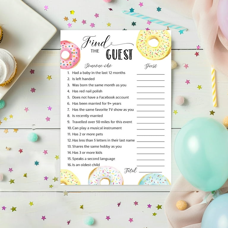 DONUT Baby Shower Game — FIND THE GUEST Baby Shower Game — Pack of 25 — Doughnut Theme Baby Shower, Icebreaker Baby Shower Party Game, Donut Guess Who Came to the party Game, Pink Blue Baby Sprinkle G