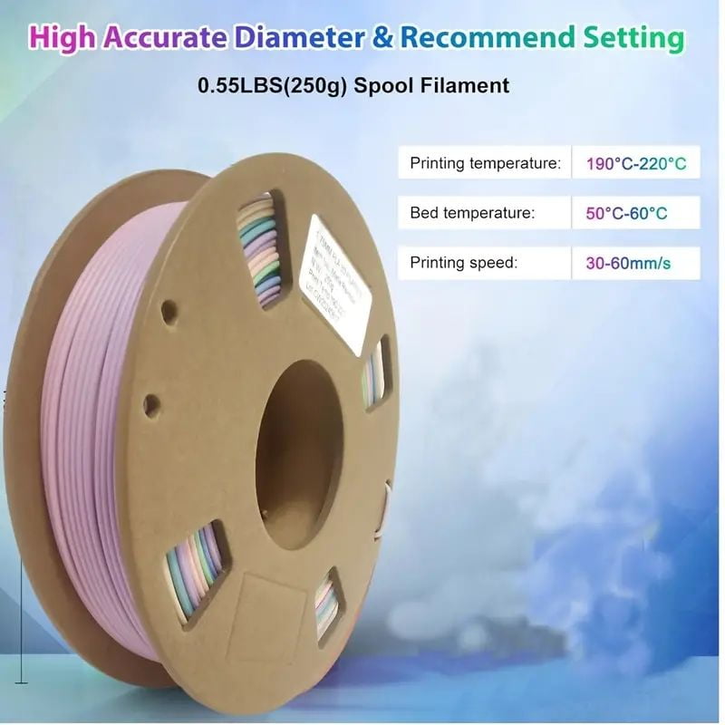 Matte Rainbow PLA 3D Printer Filament 1.75mm, Purple Pink Green Blue Gradient 3D Printing Consumables, 250g (0.55lbs)