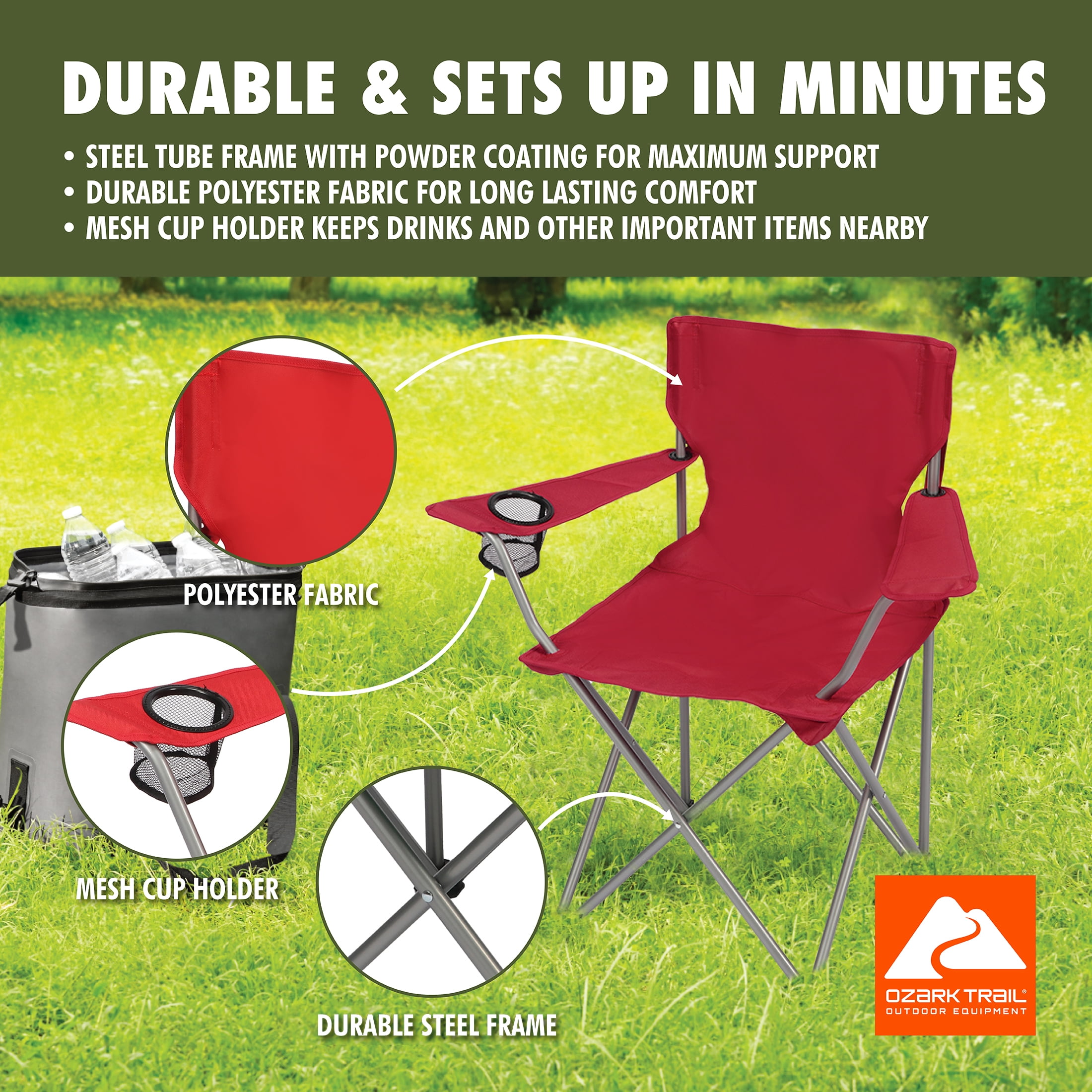 Ozark Trail Quad Folding Camp Chair with Cup Holder, Dark Red