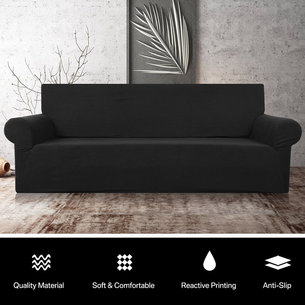 Stretch Sofa Slipcover 1-Piece Sofa Cover Furniture Protector Couch Soft with Elastic Bottom for Kids, Polyester Spandex Jacquard Fabric Small Checks with 1 Pillowcase(4 Seater, Black)