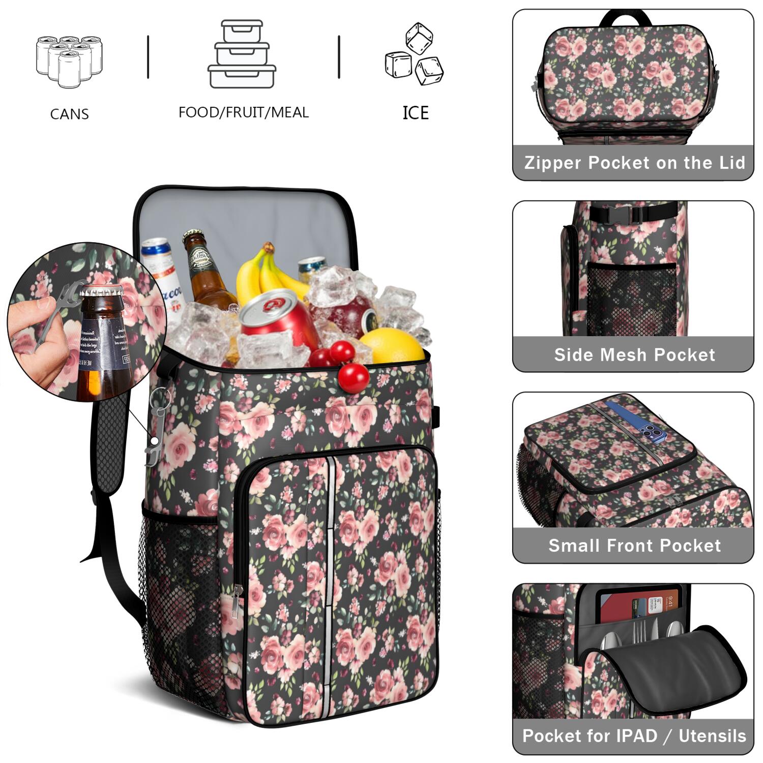 Travel Cooler Bag - Pioneer Flower Floral Print Pattern Camping Beer Cooler Backpack with Bottle Opener- Waterproof Insulated Picnic Backpacks - Cooler Bag for Beach