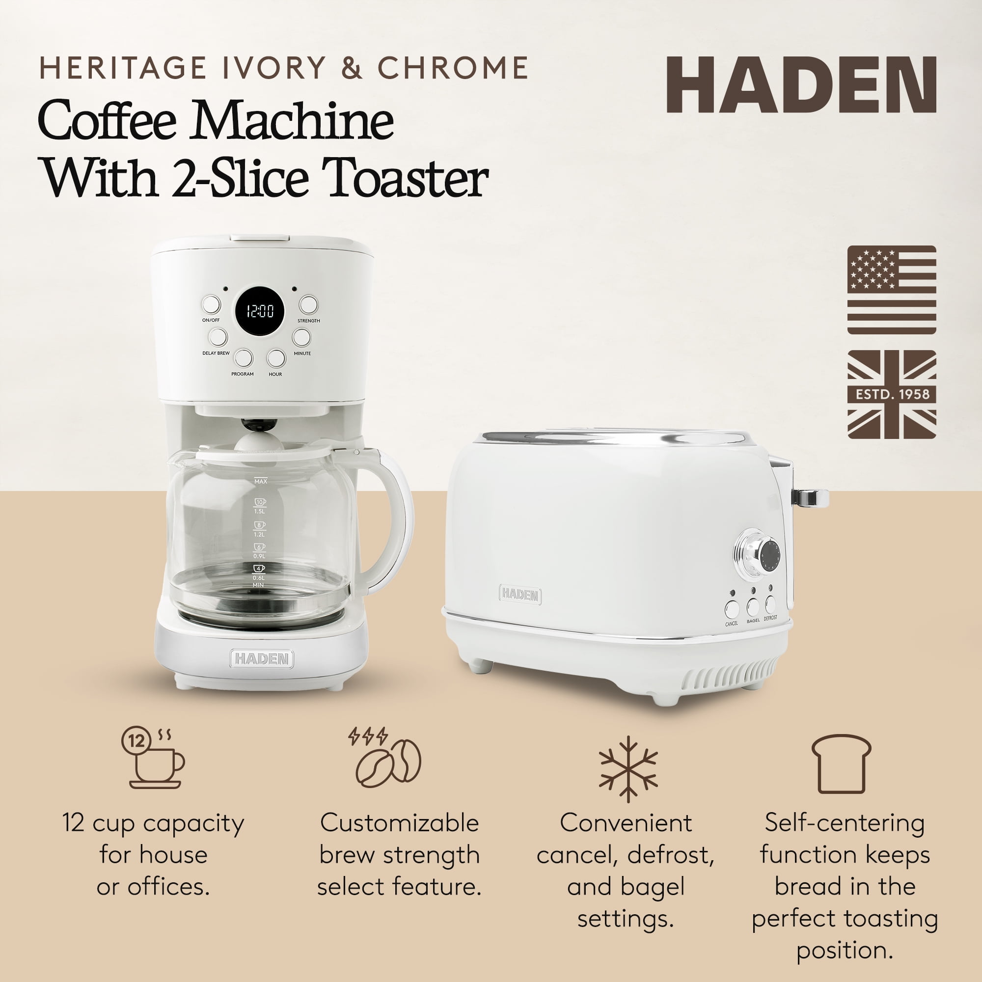 Haden Retro Combo Kitchen Appliances - 12 Cup Coffee Maker & 2