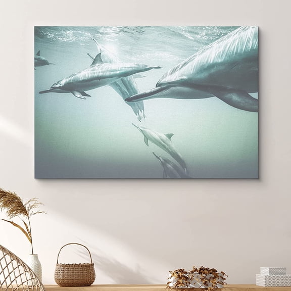 PixonSign Canvas Print Wall Art Dolphins Dive Underwater Amphibians Ocean Photography Modern Art Nautical Closeup Colorful Blue Ultra for Living Room, Bedroom, Office - 12"x18"