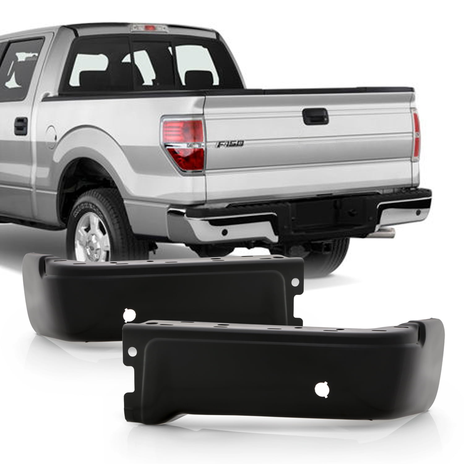 Fo 2-Pc Left And Right ; Chrome; With Park Assist Sensor Holes; Made Of Steel; Partslink FO1102381 2015-2018 Ford F150 Rear Bumper Face Bar 