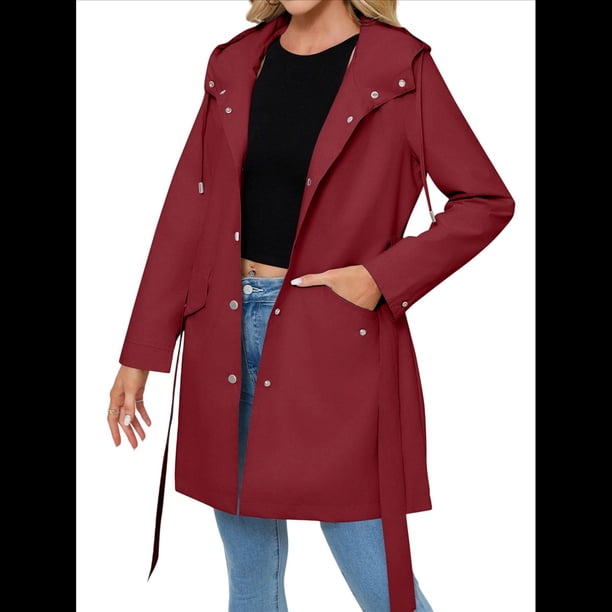 Chaqueta Impermeable con Capucha Clásica para Mujer, con Cinturón y Cordón para Actividades Al Aire Libre, Cortavientos Vino Tinto L