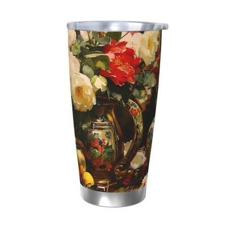 

Zeuib Elegant Still Life Roses Printed 20oz Stainless Steel Insulated Car Cup Stainless Steel Thermal Cup Vacuum Insulated Leak-proof Travel Mug Cup-Without Straw