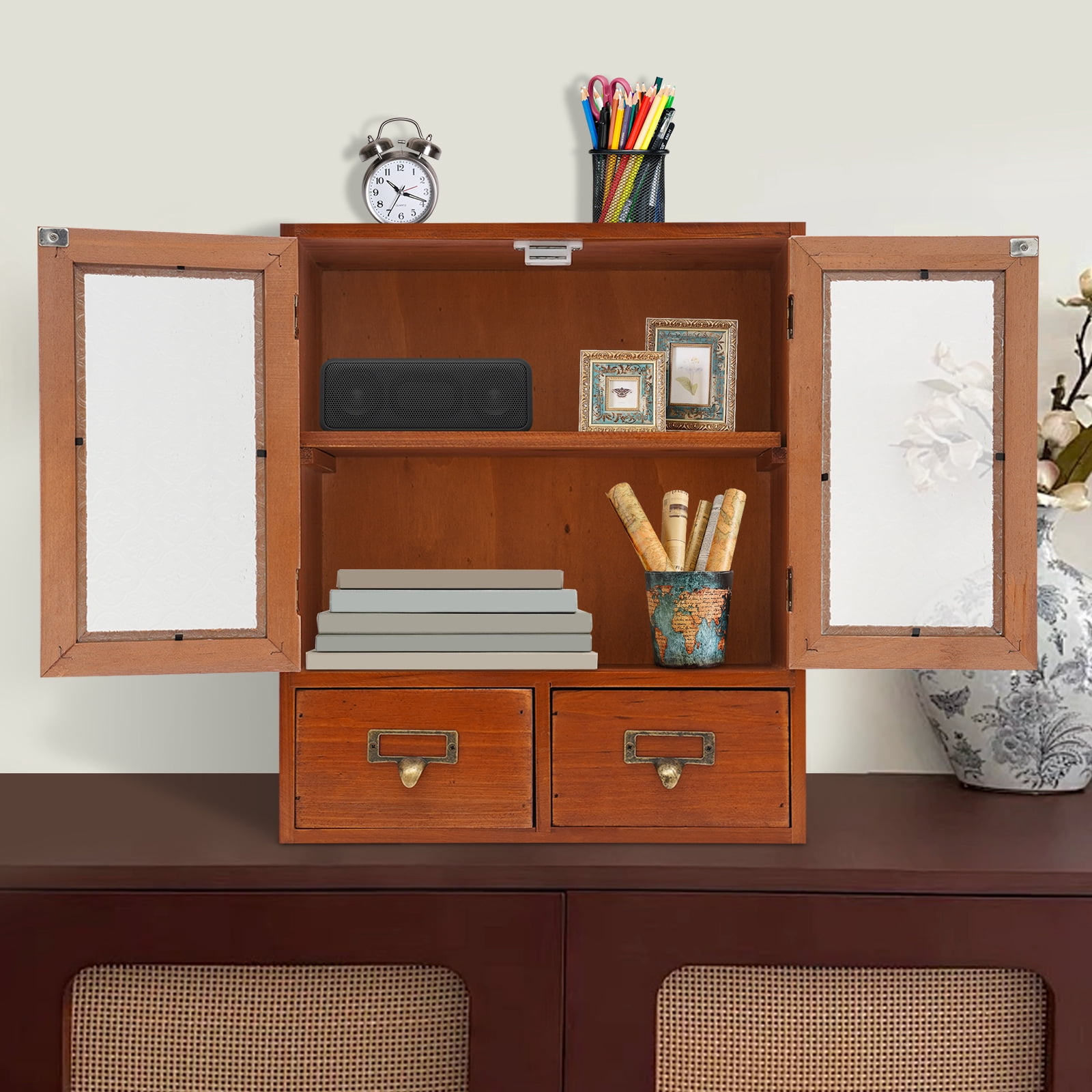 Vintage Tabletop Organizer W/2Drawer Wooden Storage Drawer Box 2-Tier Storage Cabinet for Kitchen Counter