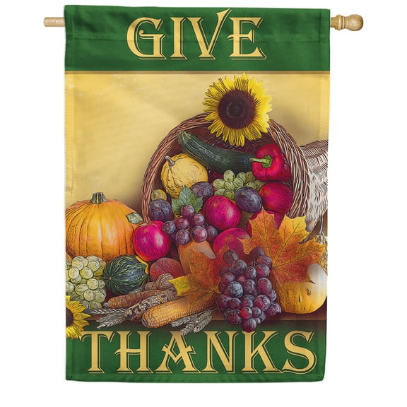 America Forever Give Thanks House Flag 28 x 40 inch Happy Thanksgiving Harvest Cornucopia Fall Autumn Bounty Pumpkins Sunflowers Farmhouse Double Sided Outdoor Yard Decoration