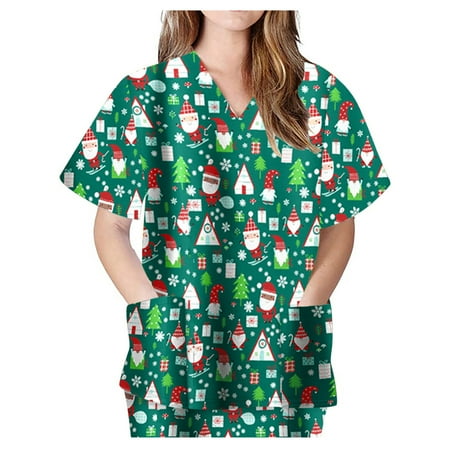 

Women Scrub_Top Working Uniform Blouse Short Sleeve V-Neck Workwear T-Shirt with Pocket Comfy Tops L