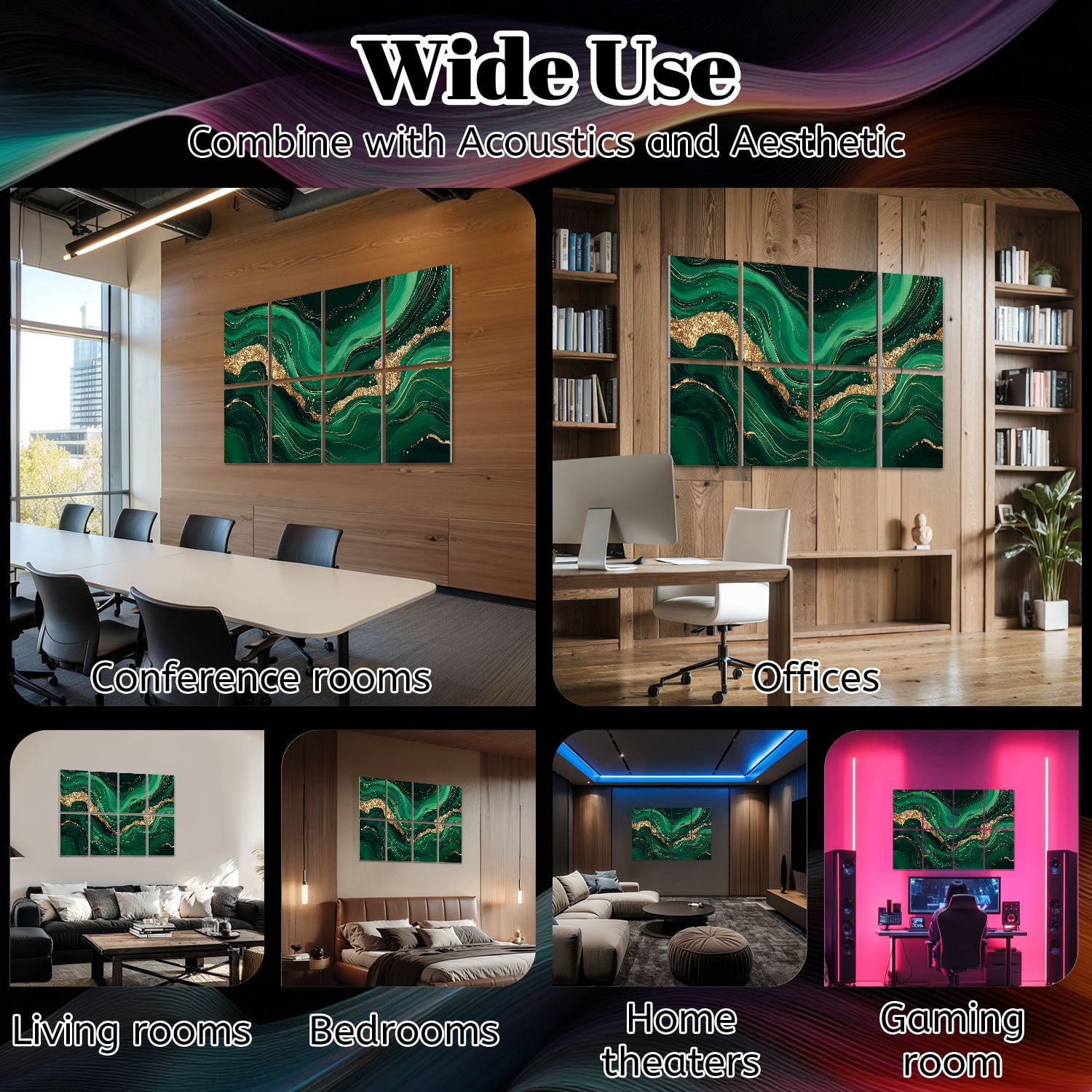 Marble 8 Pack Art Acoustic Panels Sound Absorbing luxury Green marble gold texture Dark green emerald marbling Decorative Soundproof Wall Panels Self Adhesive for Nursery Game Room Bedroom 48"x32"