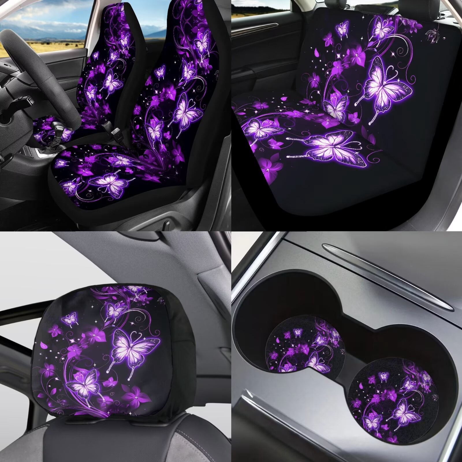 Jeiento 11 Pack Car Seat Covers Full Set for Women Men, Auto Interior Accessories with Keychain Coasters Gear Shift Cover Handbrake Cover Headrest Cover, Purple Butterfly Pattern