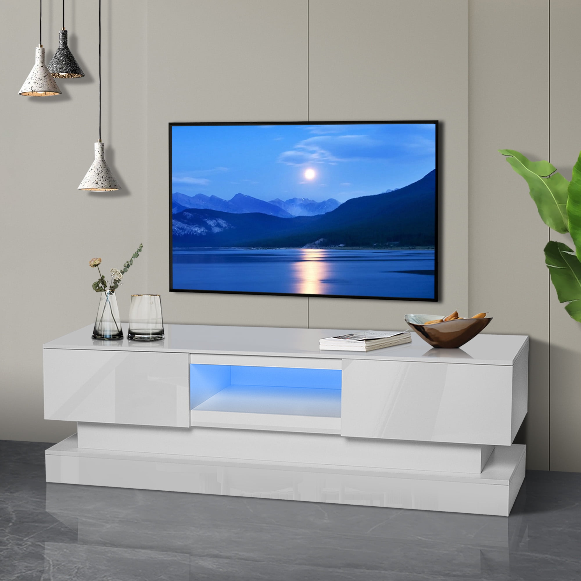paproos TV Stand for 55 Inch TV, Modern High Glossy Television Console