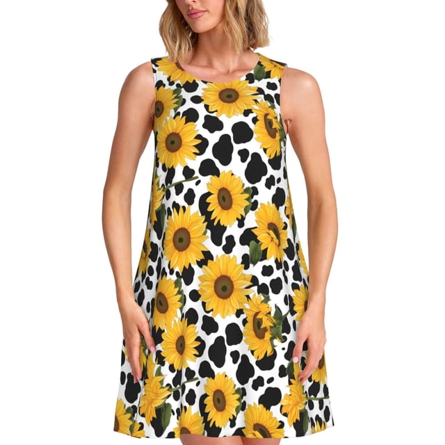 Vsdgher Robe d'Été Imprimé Vache Tournesol pour Femmes Décontractée Col en U Robe de Plage Sans Manches Robe Débardeur Ample avec Poche