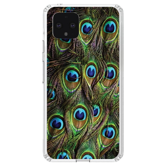 DistinctInk Clear Shockproof Hybrid Case for Google Pixel 4 XL (6.3" Screen) - TPU Bumper, Acrylic Back, Tempered Glass Screen Protector - Peacock Feathers - Animal Print