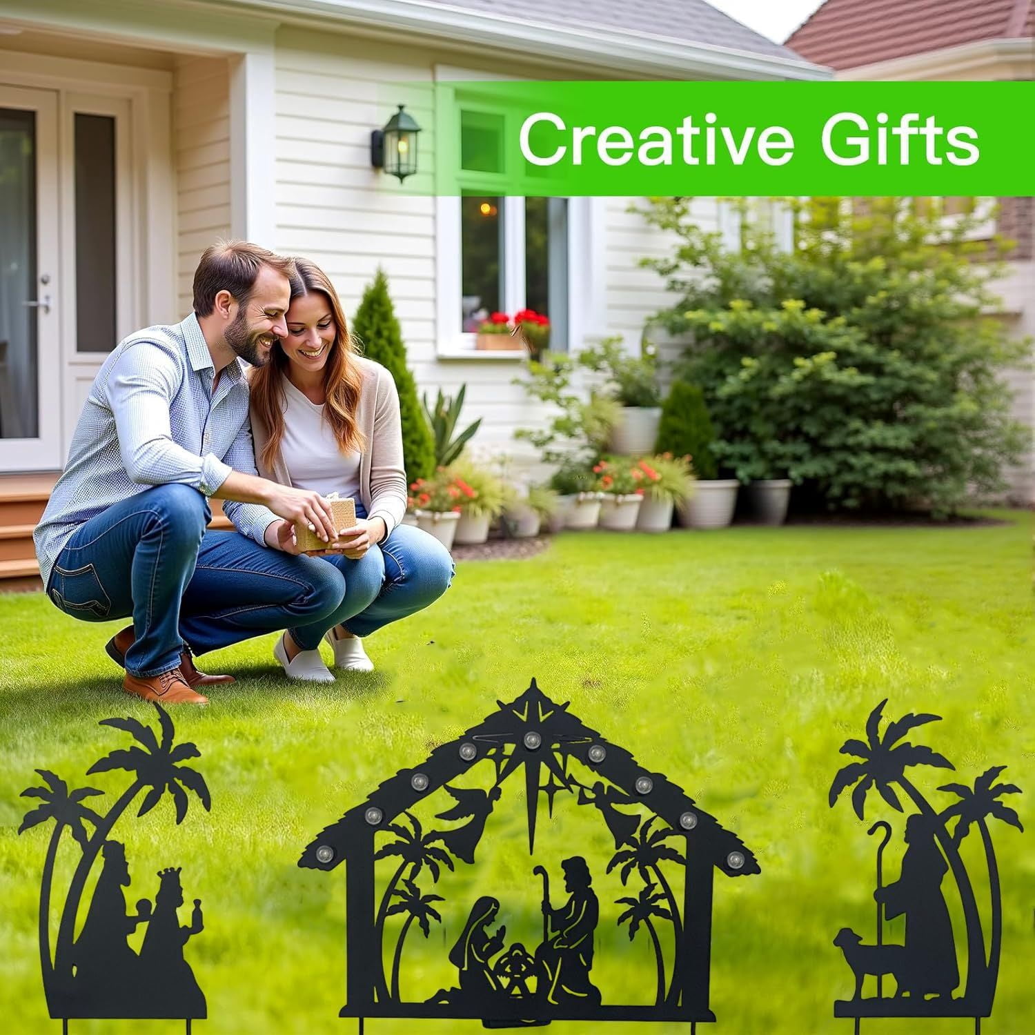 Christmas Garden Jesus Scene Decor, Solar Lighted Outdoor Nativity Set with 9 LED Lights, Christmas Decoration for Indoor Outdoor Holiday Party Garden Yard Lawn Decor