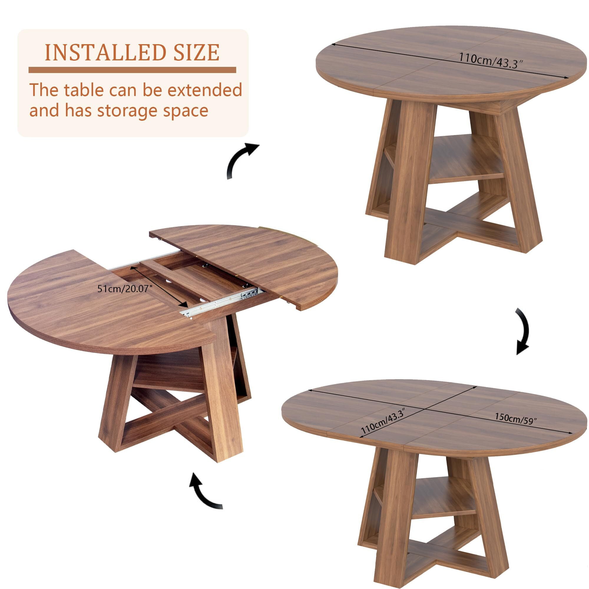 Fsbecl 43.3in-59in Extendable Round Dining Table for 4-8, Modern Wooden Kitchen Table with Removable Leaves, Walnut