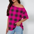 thumbnail image 2 of YUGYXL Women's Off Shoulder Shirt Fashion Plaid Short Sleeve Crewneck Tee Shirts Spring Loose Comfort Casual Tops Hot Pink XL, 2 of 6