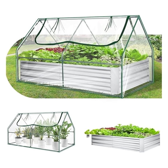 6x3x1ft Galvanized Raised Garden Bed with Cover & 2 Large Windows, Mini Greenhouses for Outdoors, Metal Planter Box Kit for Vegetables Flowers , 1 Pair of Gloves Included, Clear