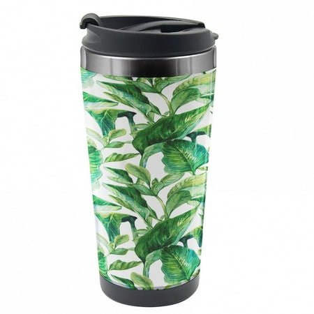 

Leaf Travel Mug Watercolored Banana Tree Steel Thermal Cup 16 oz by Ambesonne