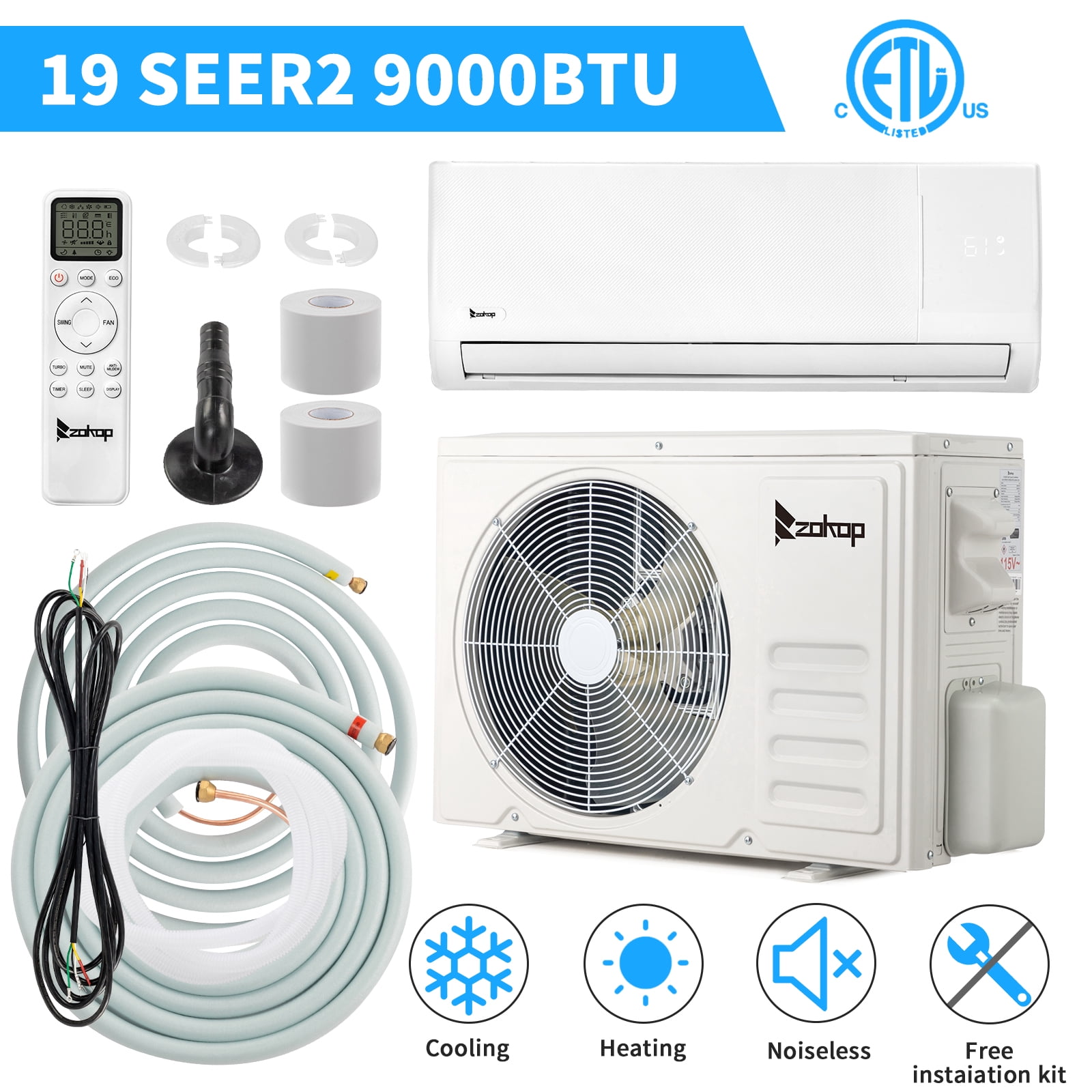 Ktaxon 9000BTU/19SEER2 Split Air Conditioner With Cooling/Heating 9000BTU Dehumidification Energy Saving Wall Split Unit White