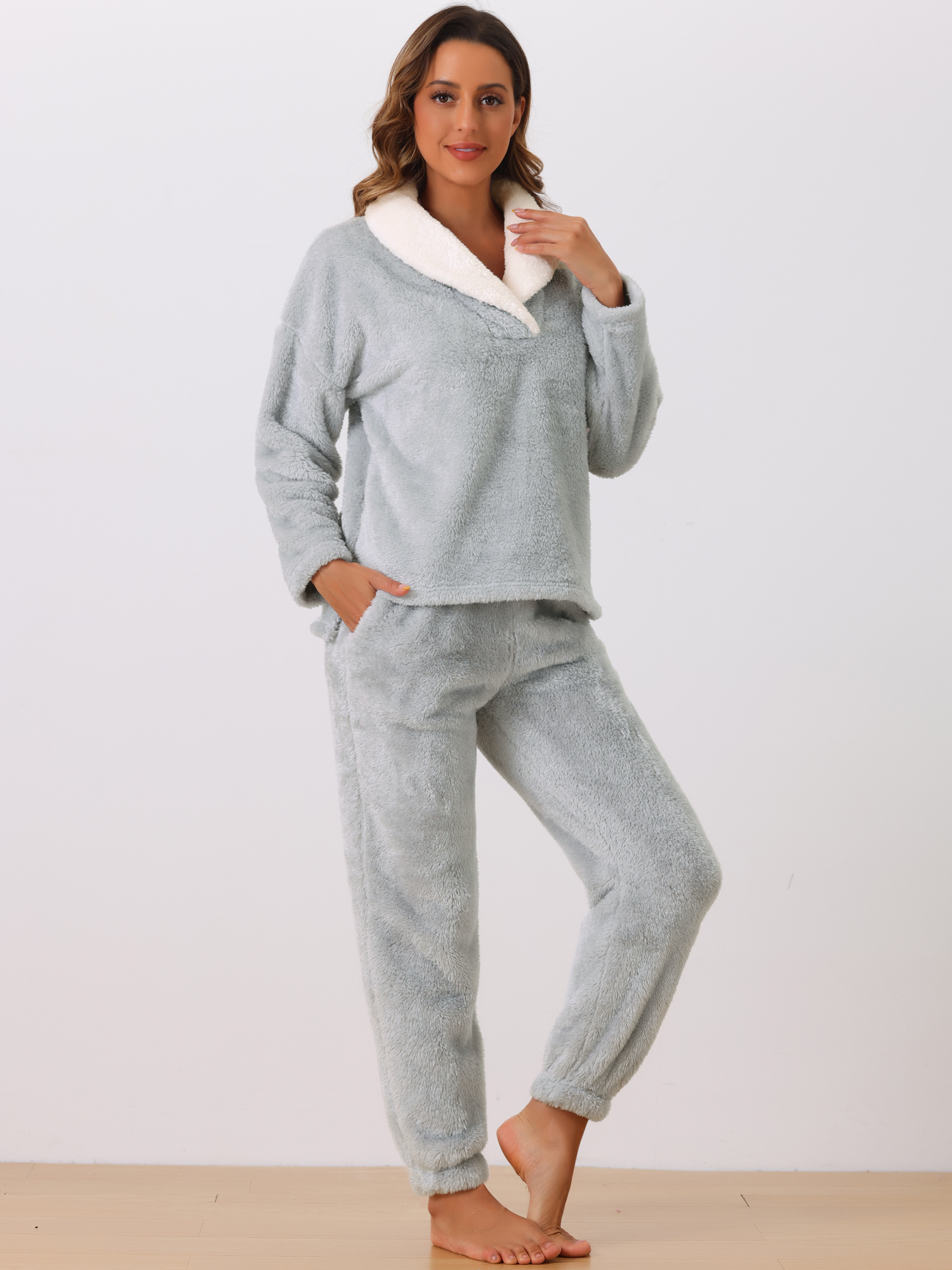 DARING DIVA Women's Fluffy Fleece Pullover Tops with Pants Plush Pajamas Sets Gray L