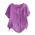 thumbnail image 4 of nochalofo Purple Crew Neck Casual Graphic Tees for Women, Solid Color Round Neck Raglan Sleeve Hem Slit Loose Short Sleeve Button Decoration Casual Tops T Shirt, 4 of 4