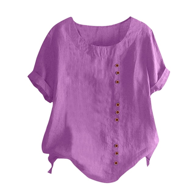 Kcodviy Women's Solid Color Round Cheer Long Sleeve Shirt Neck Raglan Sleeve Hem Compression Shirts Women Long Sleeve Slit Loose Short Sleeve Button Decoration Casual Tops T Shirt