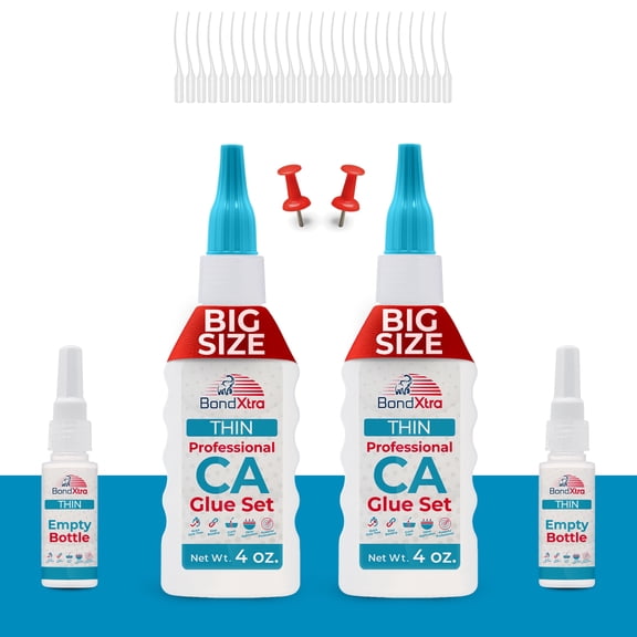 “BondXtra Thin Viscosity CA Super Glue Kit, 8 oz. – Premium Cyanoacrylate Adhesive with Extra Bottles, Caps & Microtips for Woodworking, Plastic, Ceramics & DIY Crafts”