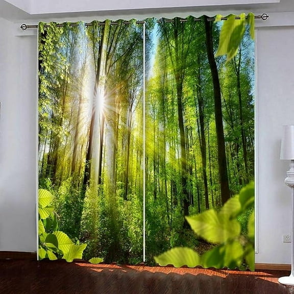 Green Forest Plants Blackout Curtains, 3D Printed Drapes, 2 Panels Window Curtains, Darkening Curtains With Top Grommet For Bedroom Living Room Windows 26"W x 63"L (Pack of 2)