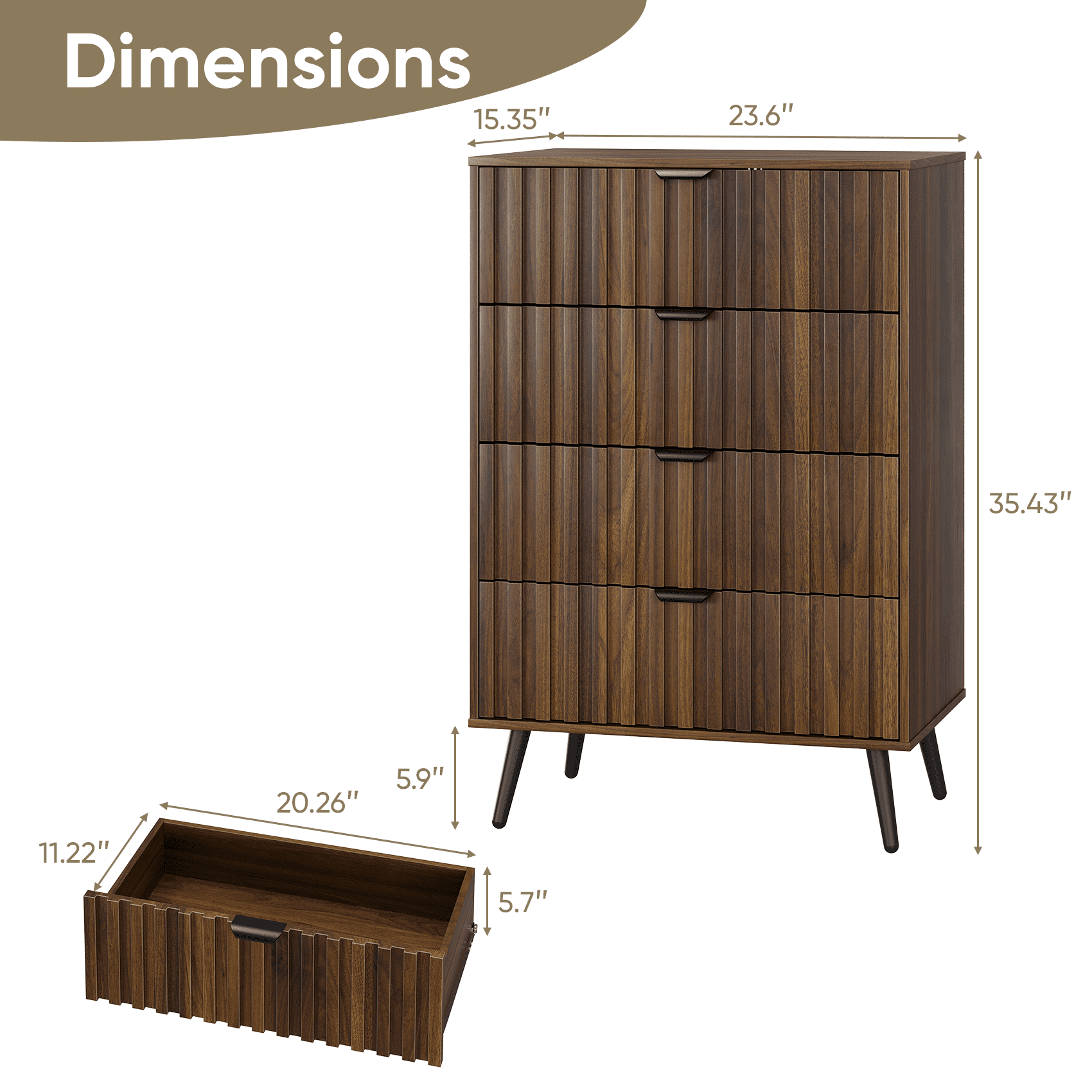 Semiocthome Dresser with 4 Fluted Drawers, Chest of Drawers Storage Cabinet, Walnut, Adult