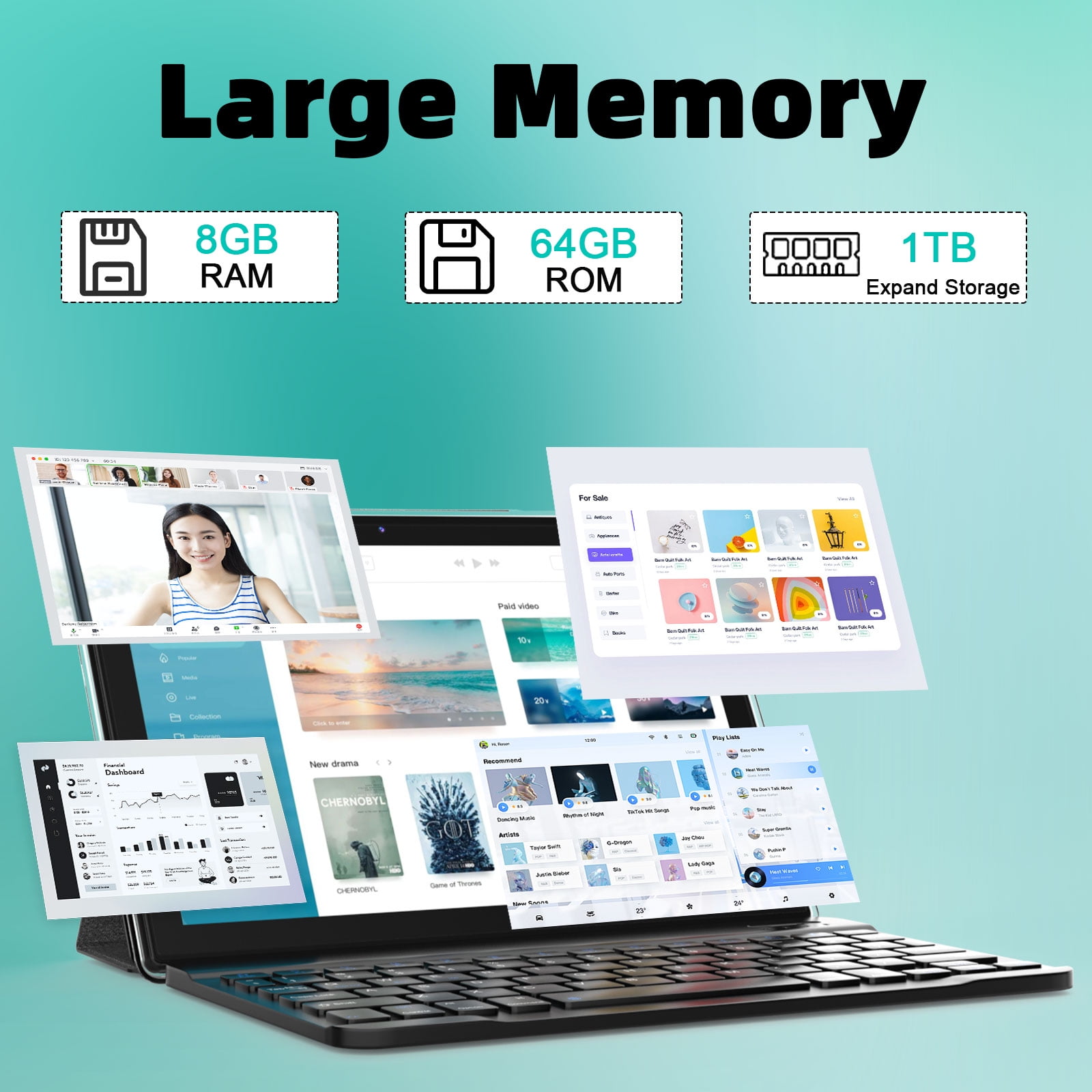 2024 Newest Android 12.0, 10.1 Inch Tablet with Keyboard Case, 4GB+64GB ROM/1TB Expand Tablets, Quad Core, HD Touch Screen, Dual Carema, Games, 2.4G/5G Wi-Fi 6, BT, Google GMS Certified Black