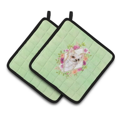 Carolines Treasures CK4287PTHD Long Hair Chihuahua Green Flowers Pair of Pot Holders 7.5HX7.5W multicolor